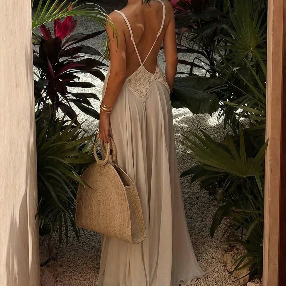 Apricot Elegant Women's Maxi Dress Deep V-Neck Mesh Patchwork Backless A-Line - Picture 2 of 6